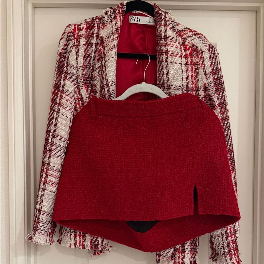 Zara - Women's Red, White Plaid Blazer & Red Skirt